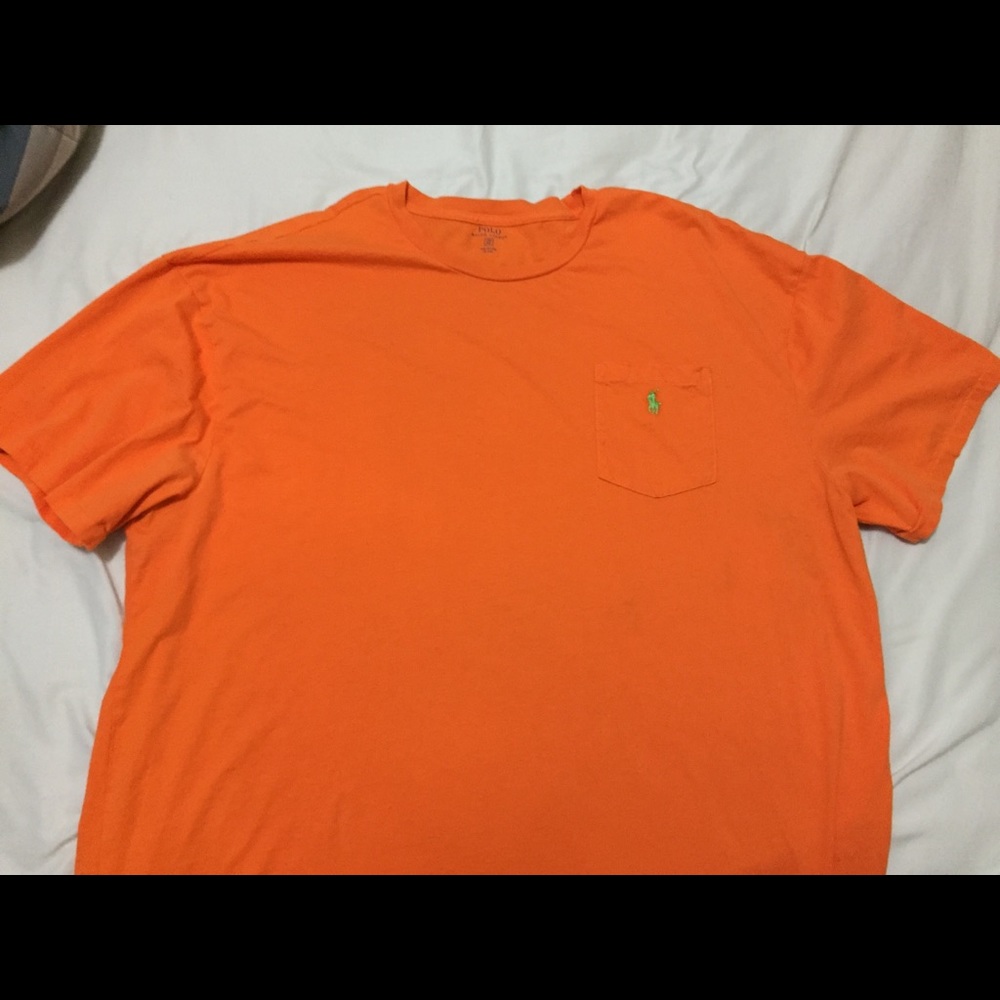 Orange Polo T-shirt, green horse